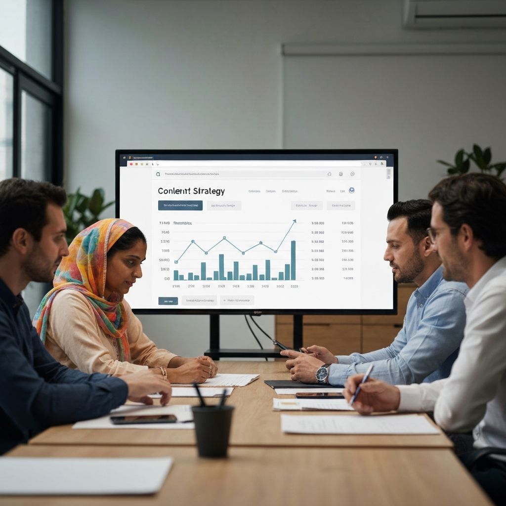 Content strategy meeting showing data driven analytics and website traffic growth